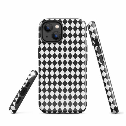 iPhone tough case with black-and-white diamond pattern and side strap details