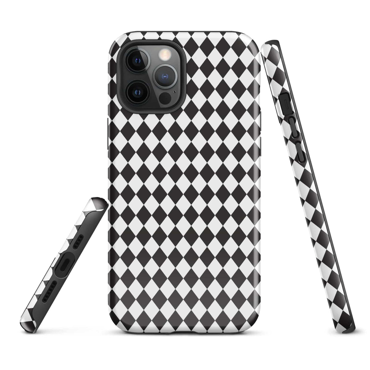 iPhone tough case, black-and-white diamond design, side grip and camera cutouts