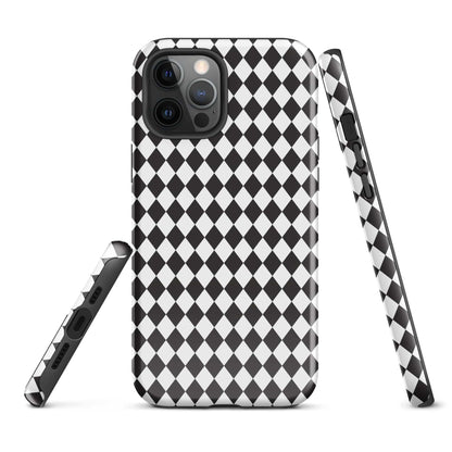 iPhone tough case, black-and-white diamond design, side grip and camera cutouts