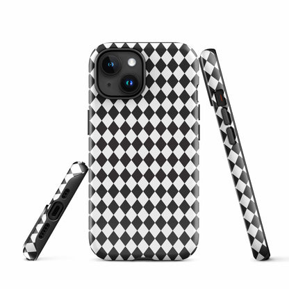 Rugged iPhone case with black and white diamond pattern, raised camera cutouts, grip grips