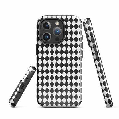 Protective iPhone case with black and white diamond pattern, raised camera frames and covered edges