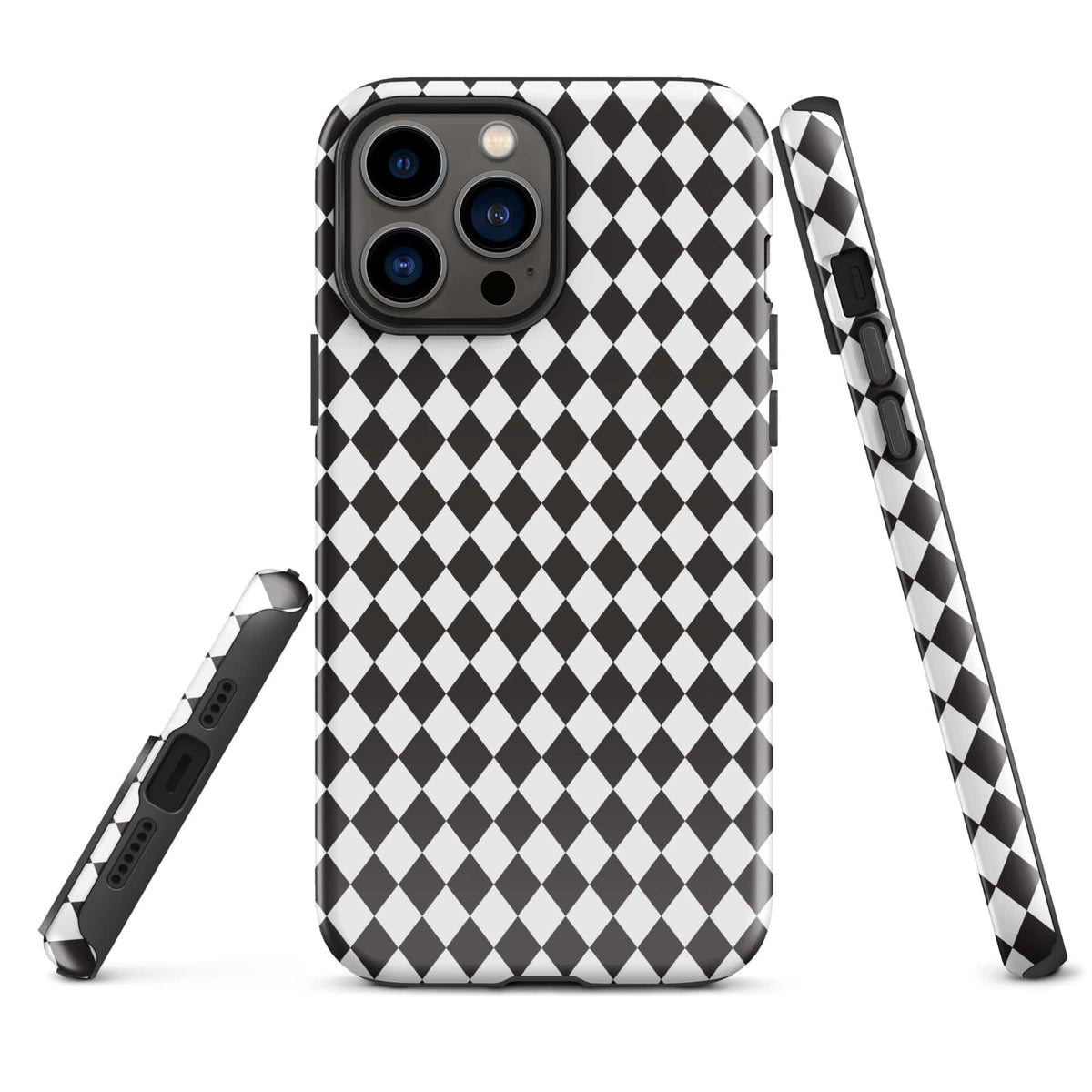 iPhone tough case, black-and-white diamond pattern, raised camera protection