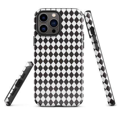 iPhone tough case, black-and-white diamond pattern, raised camera protection
