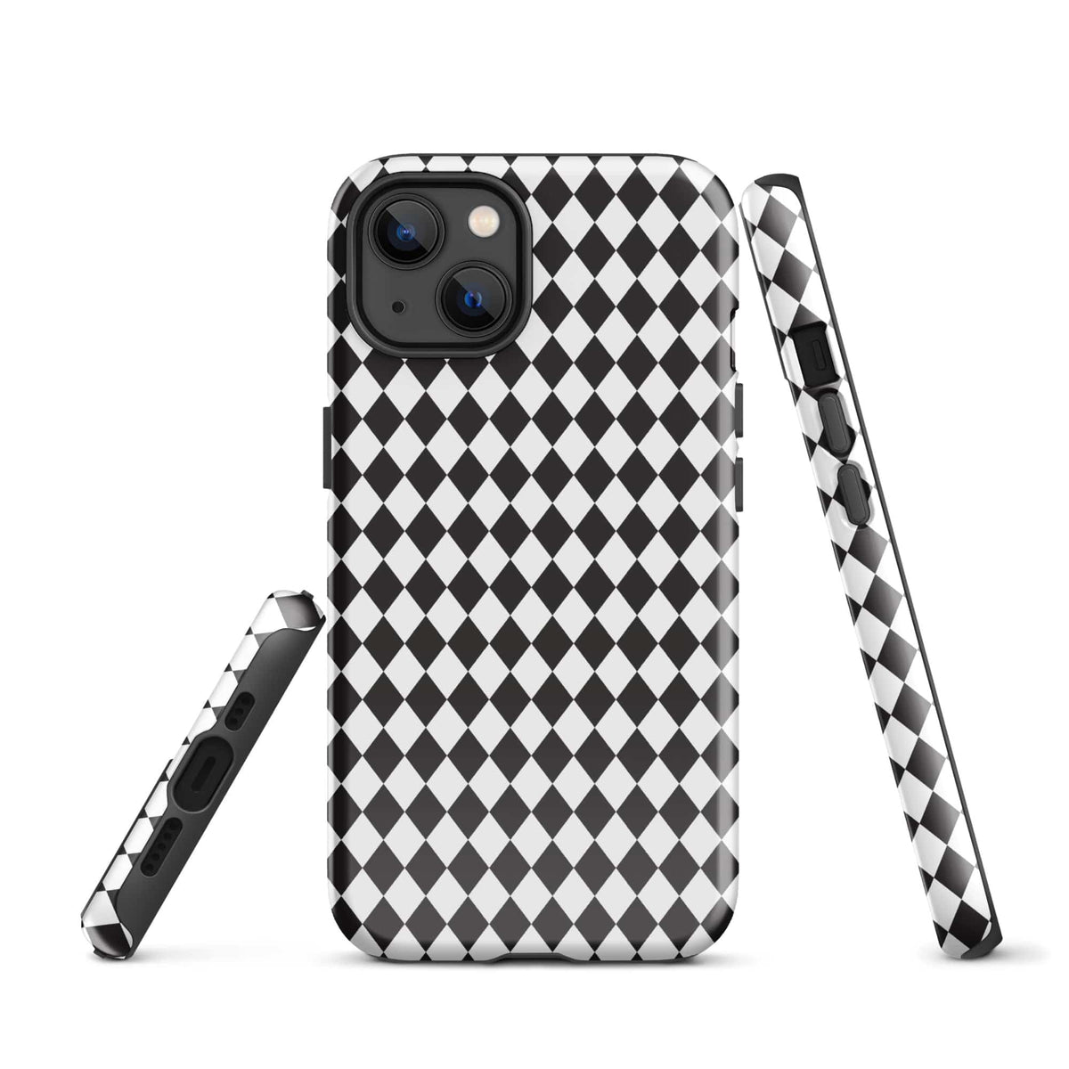 iPhone tough case, black-and-white diamond pattern, slim bumper with camera cutouts