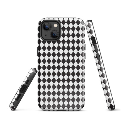 iPhone tough case, black-and-white diamond pattern, slim bumper with camera cutouts