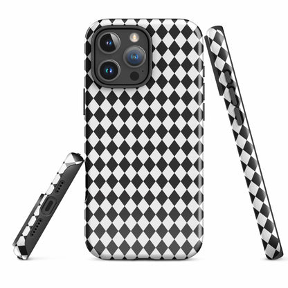 Rugged iPhone case with black and white diamond pattern, visible camera cutouts and side button cover