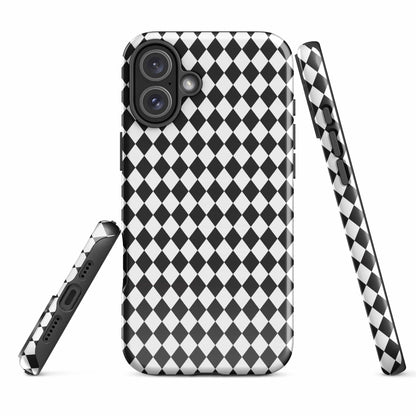 Rugged iPhone case with black and white diamond pattern and camera lens openings, grip sides