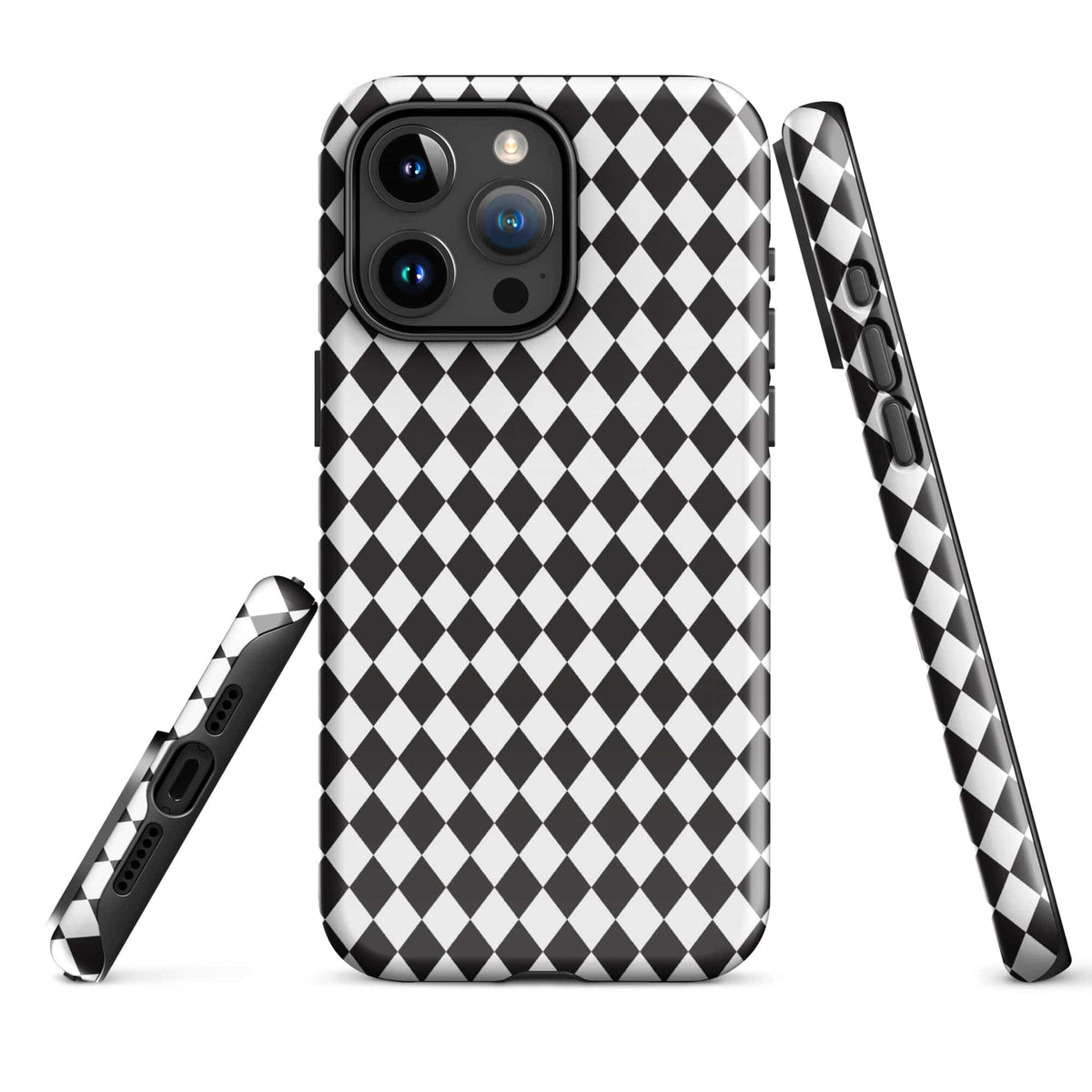 Slim rugged iPhone case with black and white diamond pattern, covered side buttons and camera openings