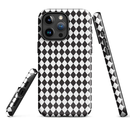 Slim rugged iPhone case with black and white diamond pattern, covered side buttons and camera openings