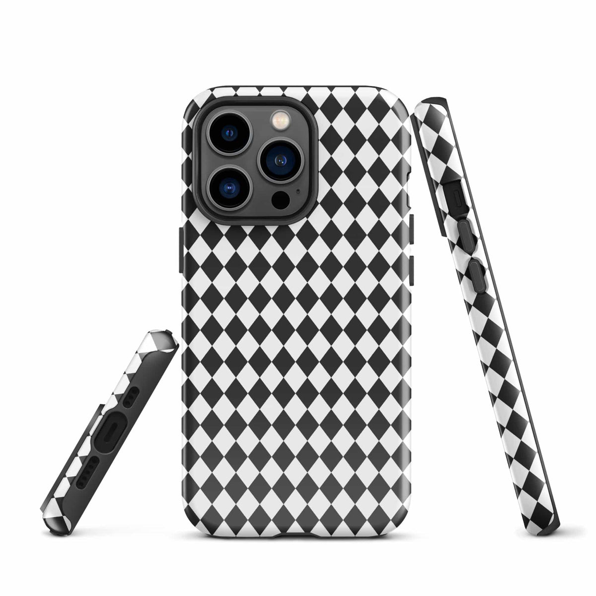 iPhone tough case with checkered diamond print and secure side strap