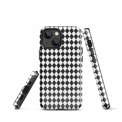 iPhone tough case with diamond pattern and raised camera bezel; matching side strap