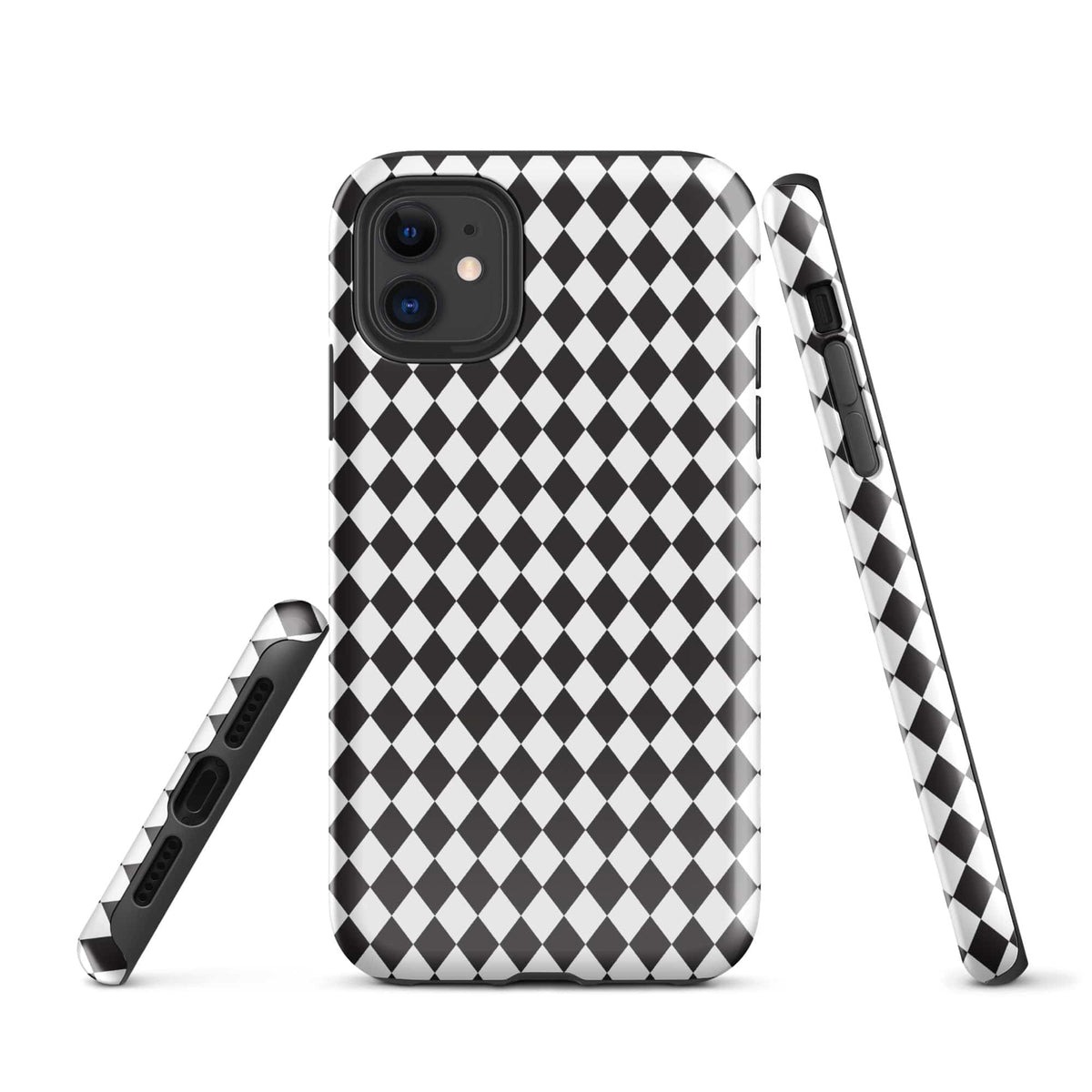 iPhone phone case with black-and-white diamond check pattern; includes matching kickstand strap