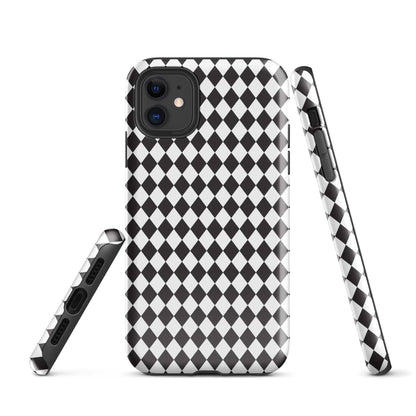 iPhone phone case with black-and-white diamond check pattern; includes matching kickstand strap