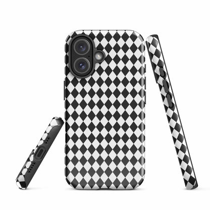 Protective iPhone case with black and white diamond pattern, thick edges, raised camera housing