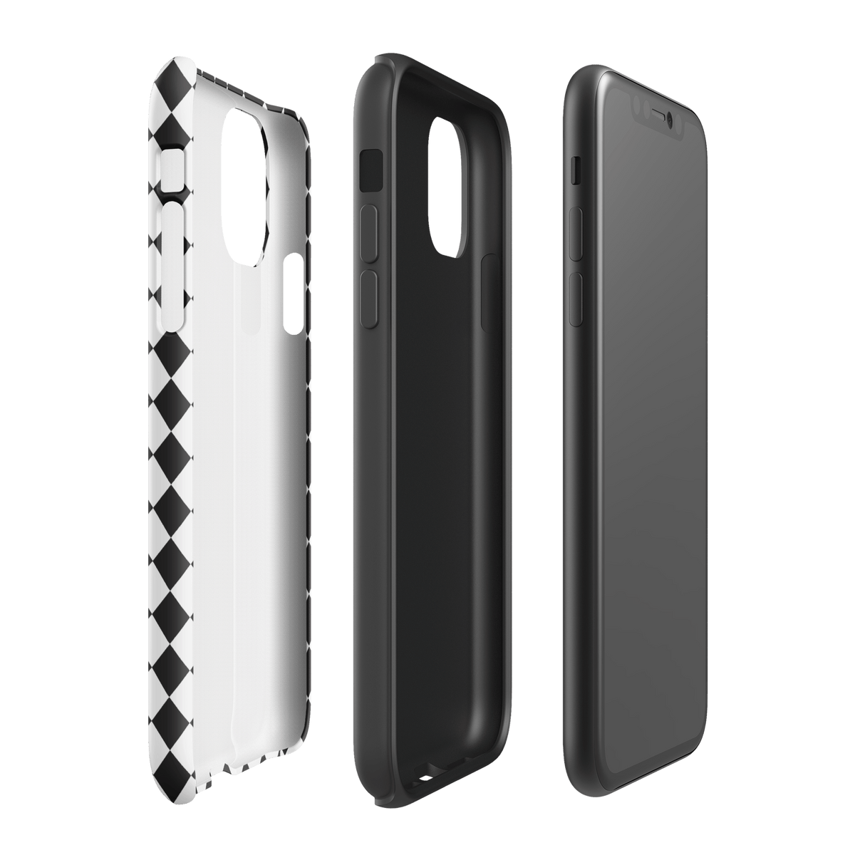 Phone case in black-and-white diamond check pattern with side view and button covers