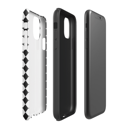 Phone case in black-and-white diamond check pattern with side view and button covers