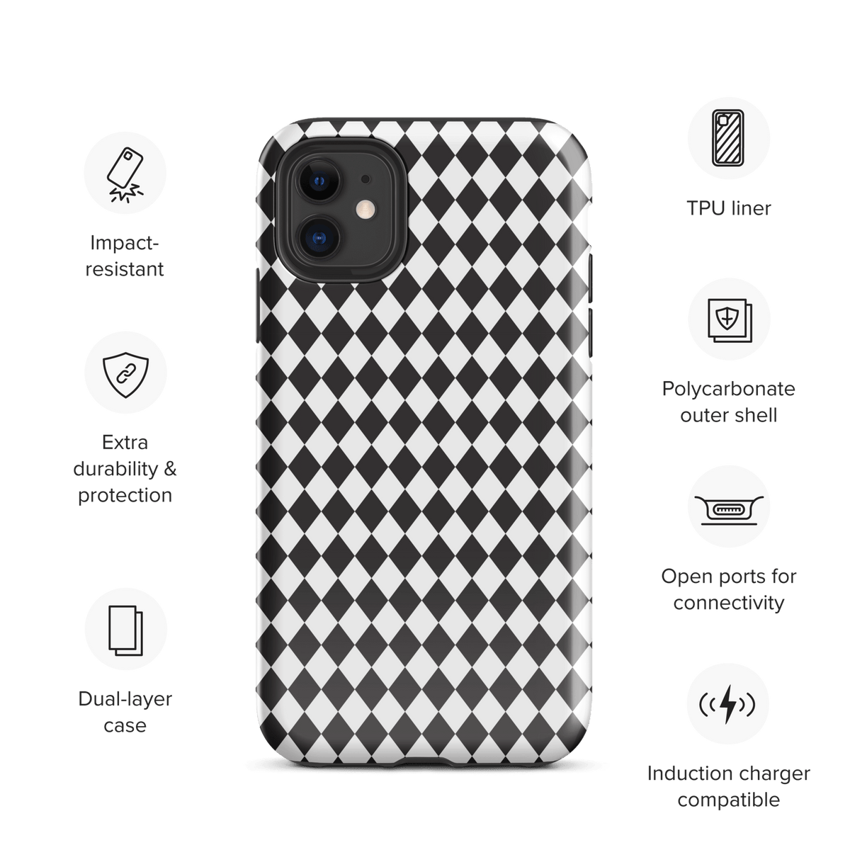 Rugged iPhone case with black and white diamond pattern, front camera openings and raised edges