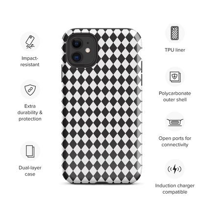 Rugged iPhone case with black and white diamond pattern, front camera openings and raised edges