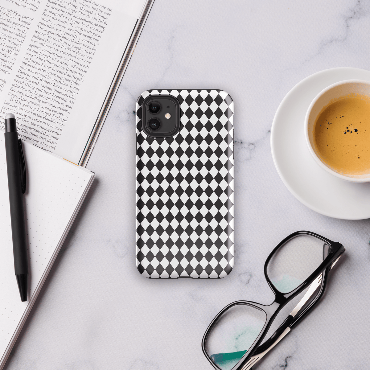 Phone case with black-and-white diamond check pattern and dual camera cutouts