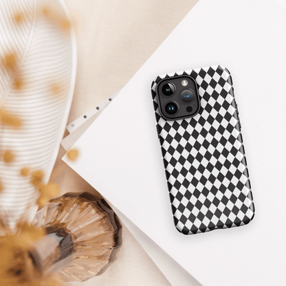 Black-and-white diamond check iPhone case with raised camera bump protection