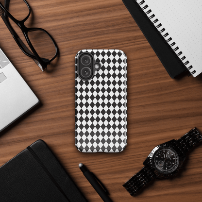 Tough iPhone case with black-and-white diamond check pattern and raised camera edges