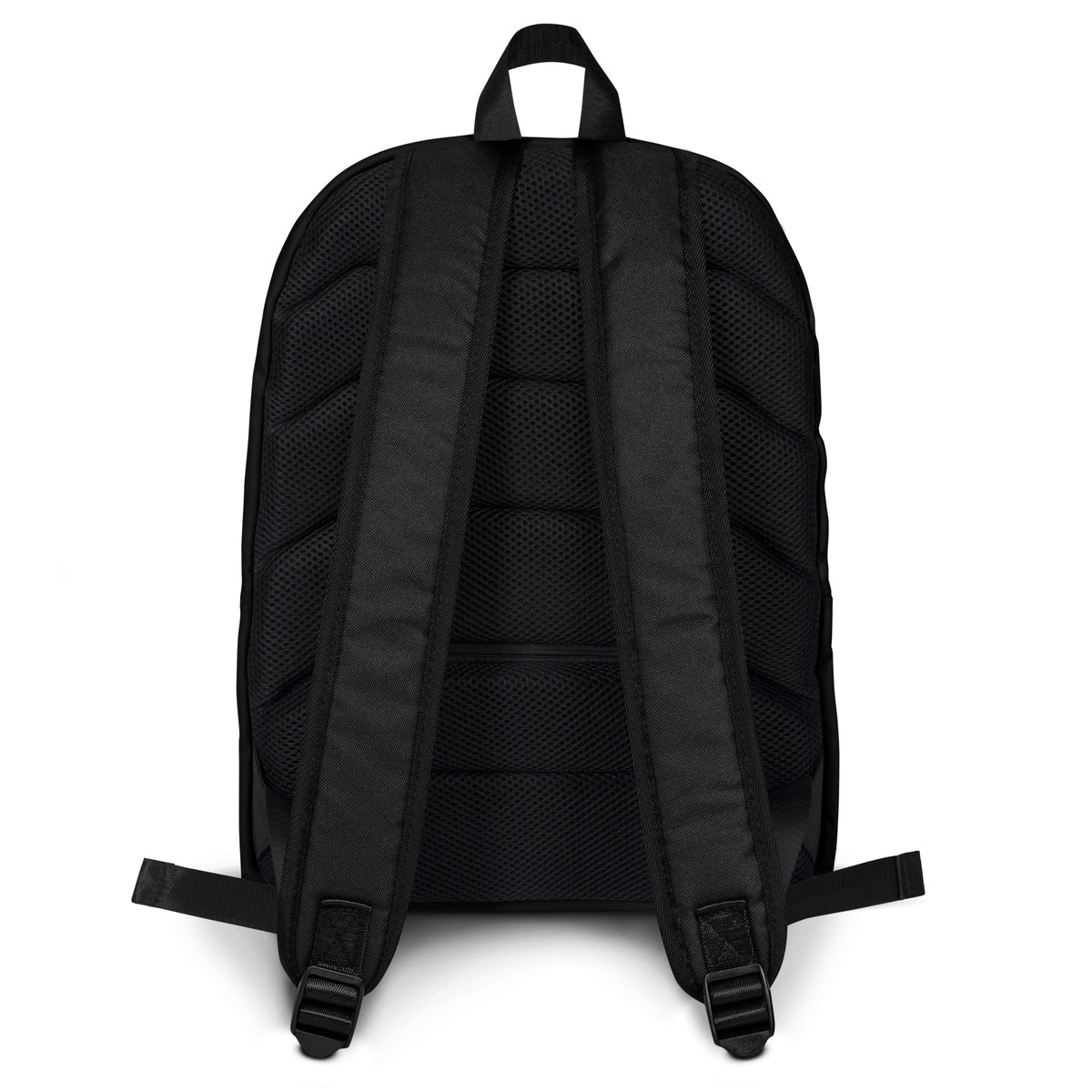 Black backpack back panel with padded shoulder straps and top handle