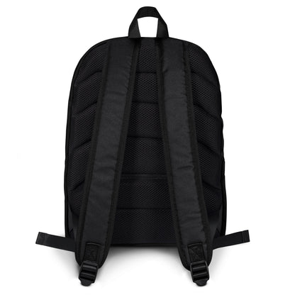 Black backpack back panel with padded shoulder straps and top handle