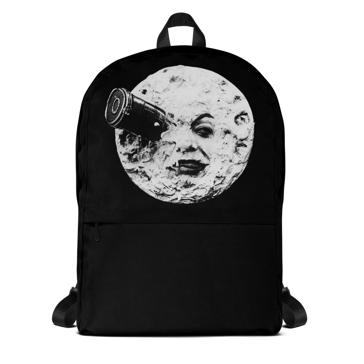 Black backpack with large moon face graphic, front view