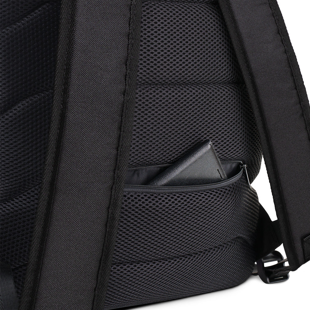 Black mesh backpack pocket with small triangular zip compartment and strap