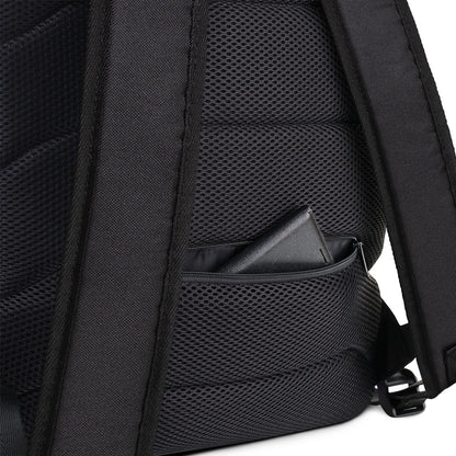 Black mesh backpack pocket with small triangular zip compartment and strap
