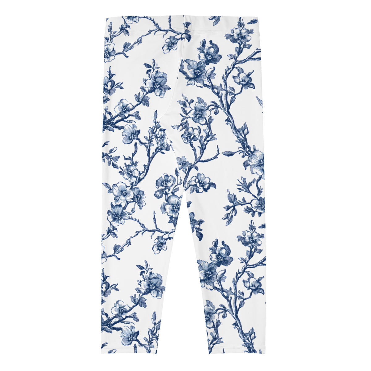 White capri leggings with blue floral vine print, full leg view.