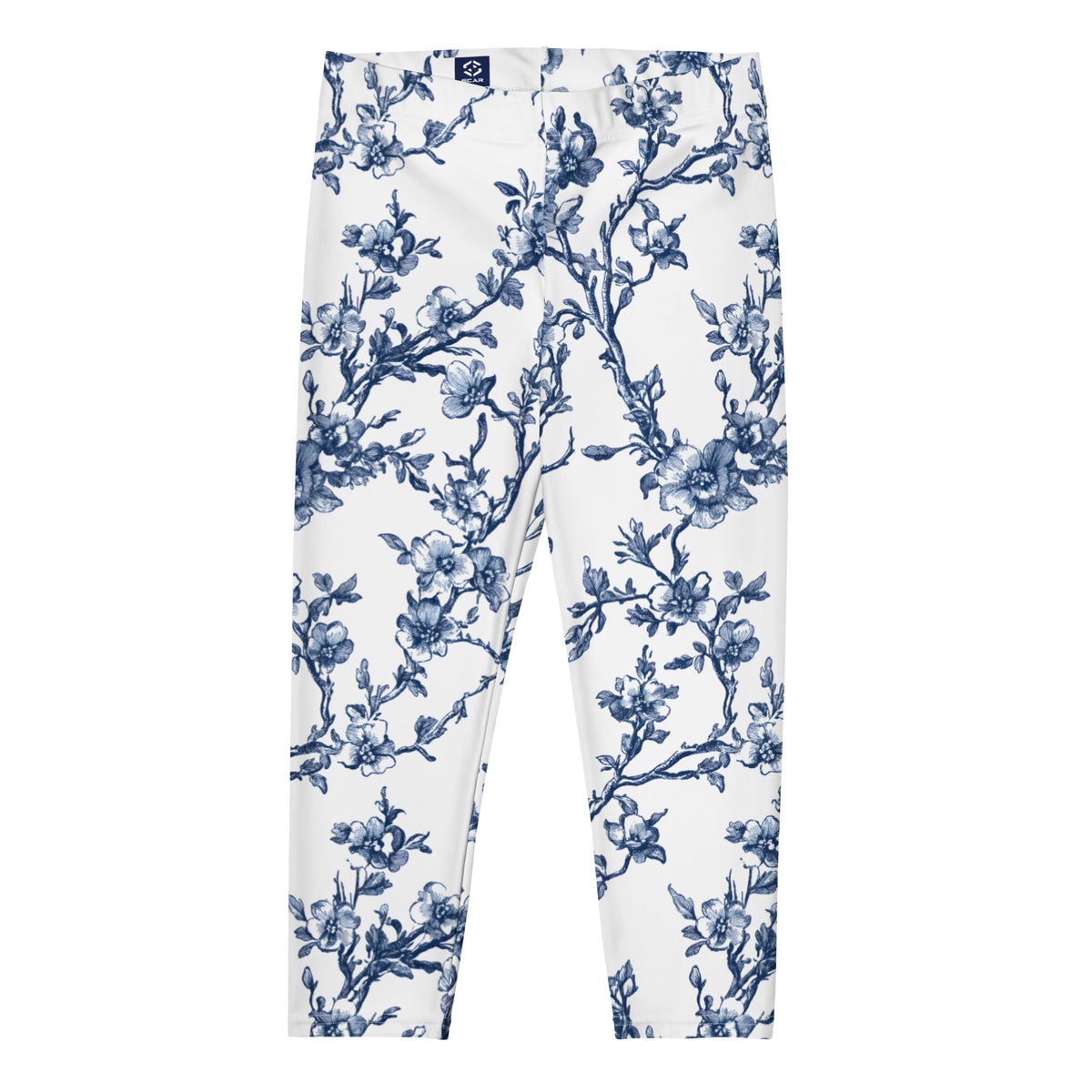 White capri leggings with blue floral vine print, front view.