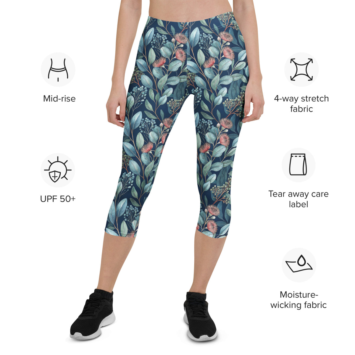 Botanical mid-rise capri leggings, dark navy teal leaf print with pink flowers; 4-way stretch