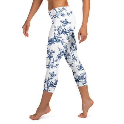 White capri leggings with blue French-style floral print