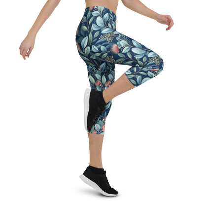 Botanical capri leggings in dark navy with teal leaves and pink flower pattern
