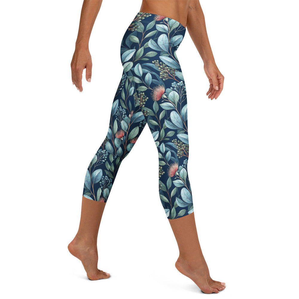 Botanical capri leggings, dark navy with teal leaf pattern and pink blossom details