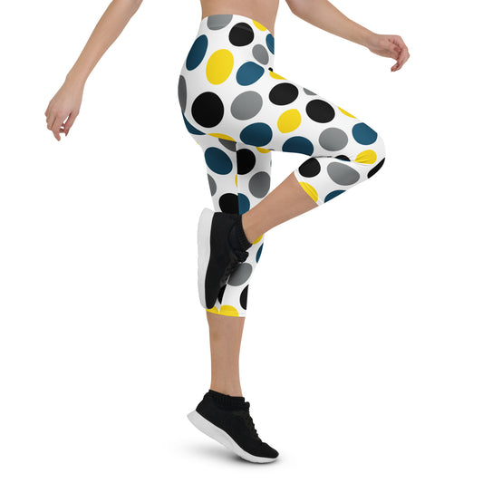 Capri leggings with multicolor dot pattern, full leg view