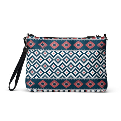 Geometric patterned crossbody bag with black zipper and shoulder strap, full front view