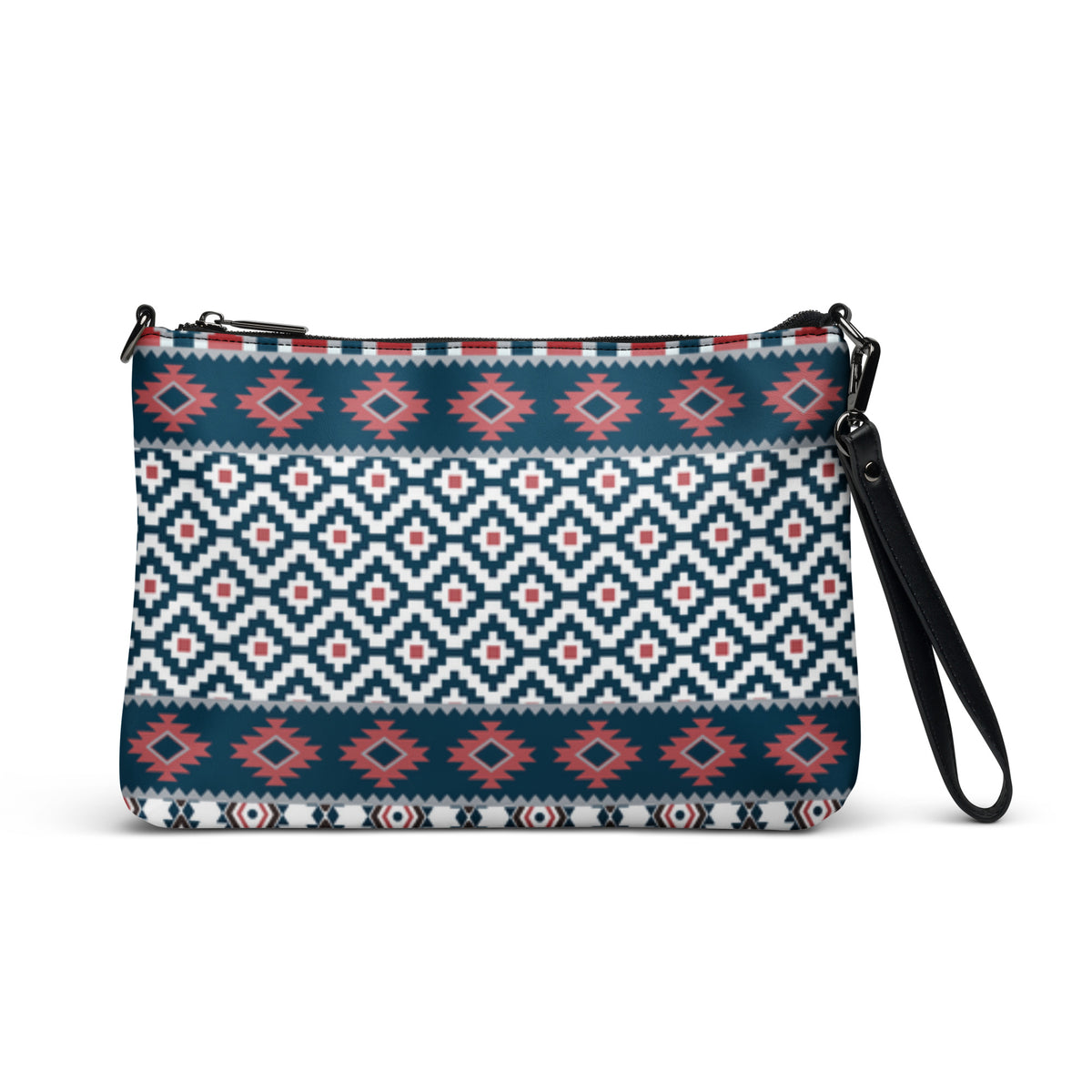 Geometric patterned crossbody bag with black zipper top and wrist strap, front view