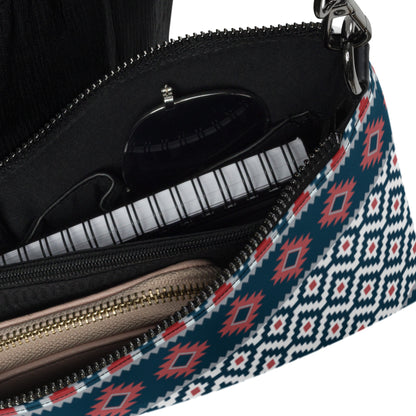 Interior view of zippered crossbody bag showing black lining and blue-red-white exterior print