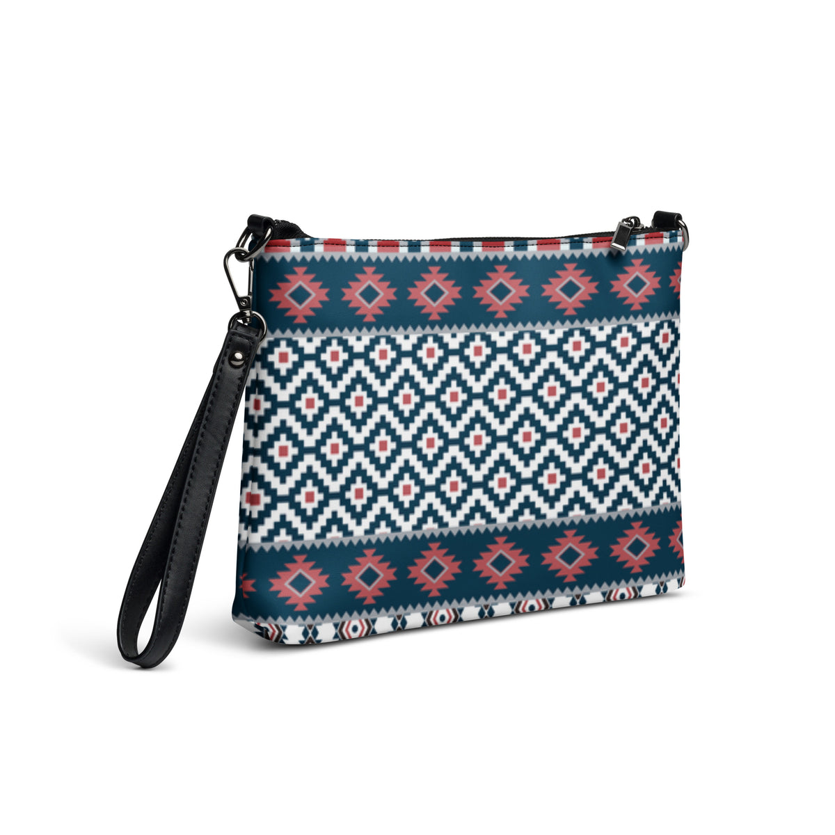 Square Aztec-pattern crossbody bag with zip top and blue, red, and white geometric print