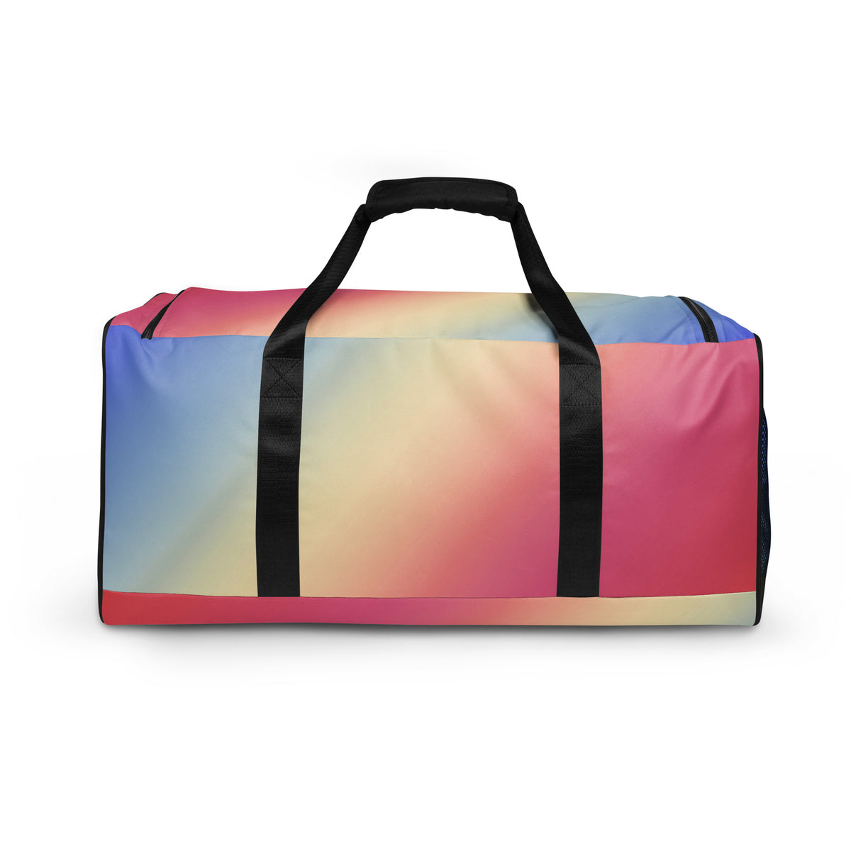 Gradient duffle bag with black handles, streamlined shape and blue to pink striped panels
