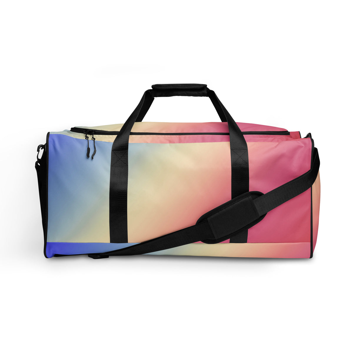 Gradient duffle bag with black top handles and shoulder strap, blue to pink striped design
