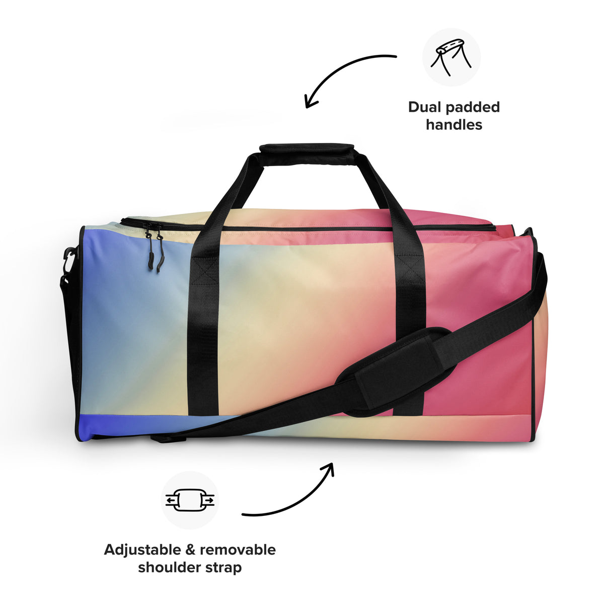 Gradient duffle bag with dual padded black handles and removable shoulder strap, blue-pink design