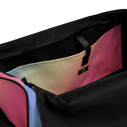 Duffle bag interior with black lining, open zipper, and pink inner side panel