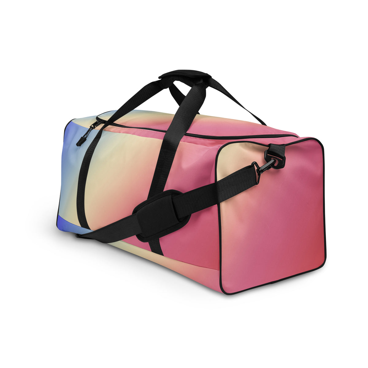 Gradient duffle bag with black adjustable strap and front zip, blue to pink striped finish