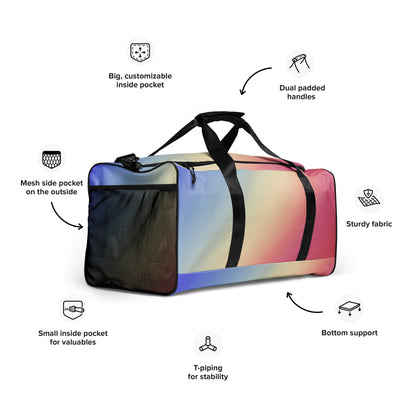 Duffle bag with mesh side pocket, small valuables pocket, and bottom support