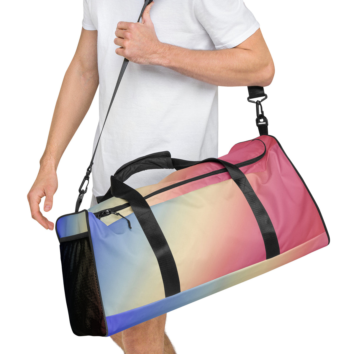 Gradient duffle bag crossbody with black strap and zip top, blue to pink striped panels
