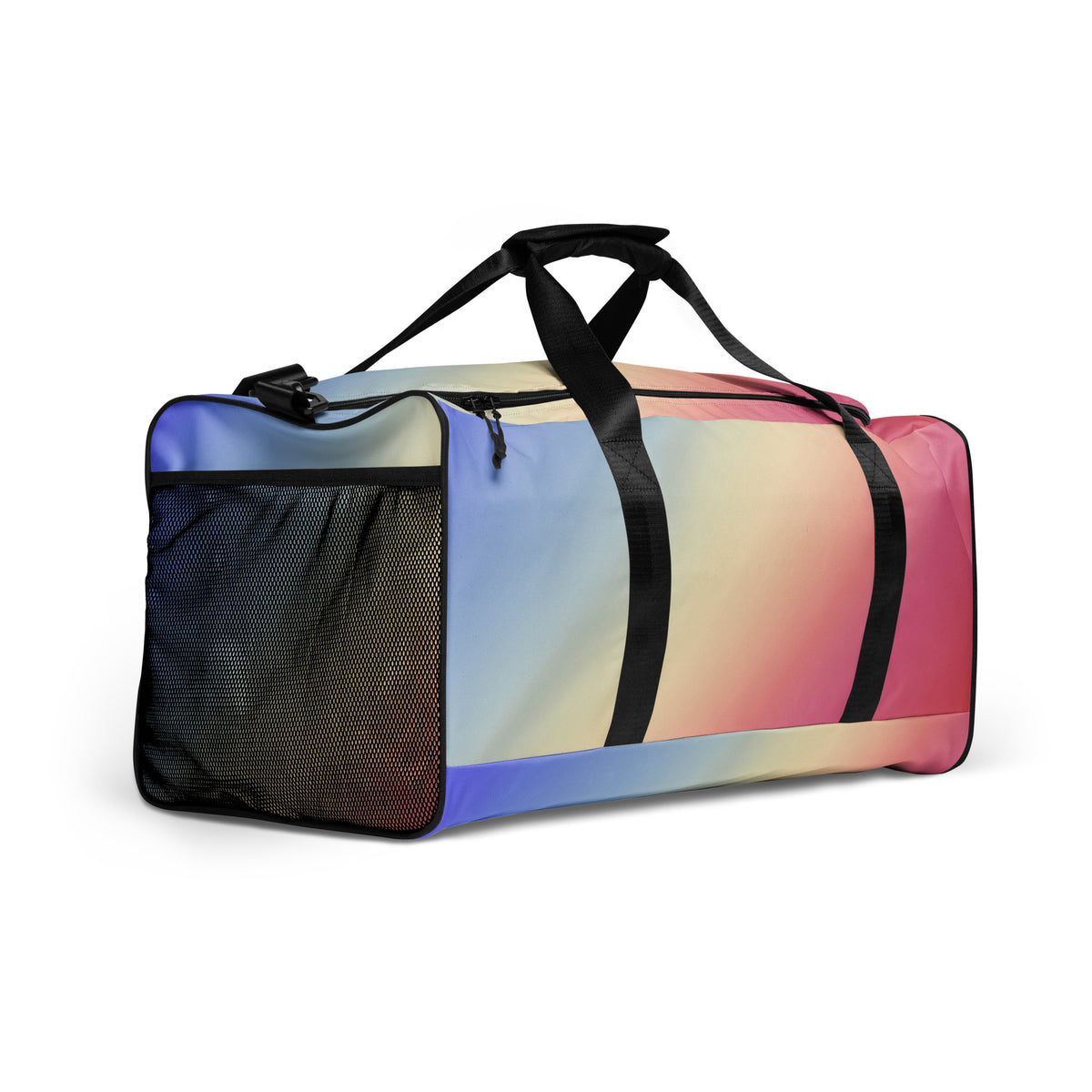 Gradient duffle bag with black handles and zip side mesh pocket, blue to pink stripes