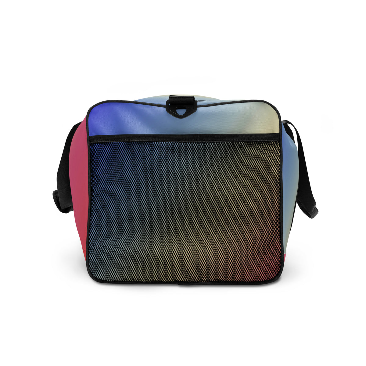 Duffle bag with textured front pocket panel and blue-to-pink gradient sides